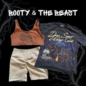 Darc Sport Tshirt (L) and Wolves sports bra (M), Alphalete Amplify Shorts (M)
